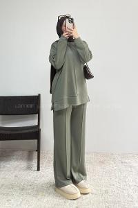 Khaki Crew Neck Long Arm Without Accessories Regular Trousers Suit