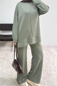 Khaki Crew Neck Long Arm Without Accessories Regular Trousers Suit