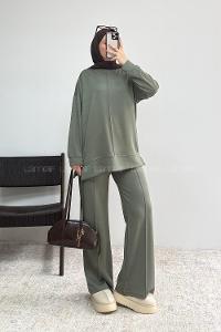 Khaki Crew Neck Long Arm Without Accessories Regular Trousers Suit