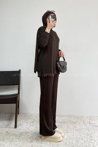 Brown Crew Neck Long Arm Without Accessories Regular Trousers Suit