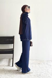 Navy Blue Crew Neck Long Arm Without Accessories Regular Trousers Suit