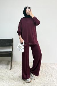 Plum Crew Neck Long Arm Without Accessories Regular Trousers Suit