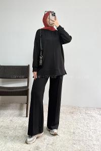 Black Crew Neck Long Arm Without Accessories Regular Trousers Suit