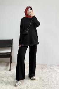 Black Crew Neck Long Arm Without Accessories Regular Trousers Suit