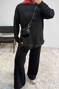 Black Crew Neck Long Arm Without Accessories Regular Trousers Suit