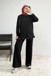 Black Crew Neck Long Arm Without Accessories Regular Trousers Suit