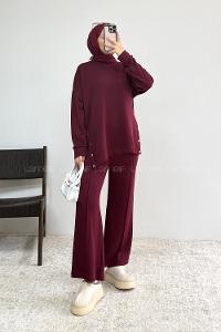 Claret Red Crew Neck Long Arm Without Accessories Regular Trousers Suit
