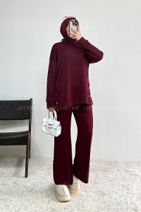 Claret Red Crew Neck Long Arm Without Accessories Regular Trousers Suit