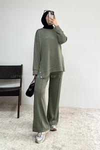 Khaki Crew Neck Long Arm Without Accessories Regular Trousers Suit
