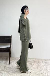 Khaki Crew Neck Long Arm Without Accessories Regular Trousers Suit