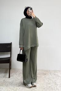 Khaki Crew Neck Long Arm Without Accessories Regular Trousers Suit