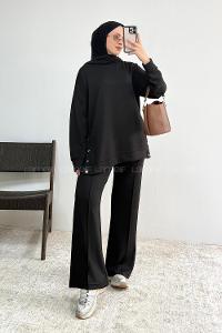 Black Crew Neck Long Arm Without Accessories Regular Trousers Suit