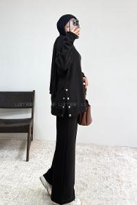 Black Crew Neck Long Arm Without Accessories Regular Trousers Suit