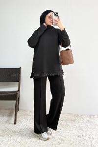 Black Crew Neck Long Arm Without Accessories Regular Trousers Suit