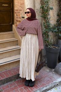 Lamelif Bisiklet Yaka Çizgili Bluz Bordo