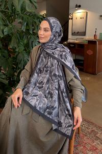 Lamelif Leaf Flower Desen Bambu Şal Antrasit