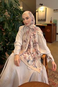 Lamelif Leaf Flower Desen Bambu Şal Bej