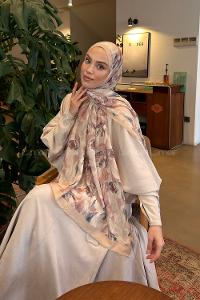Lamelif Leaf Flower Desen Bambu Şal Bej