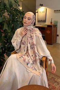 Lamelif Leaf Flower Desen Bambu Şal Bej