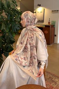 Lamelif Leaf Flower Desen Bambu Şal Bej