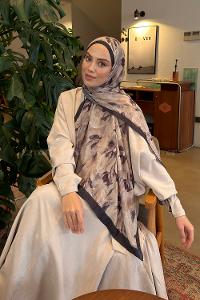 Lamelif Leaf Flower Desen Bambu Şal Koyu Bej Antrasit