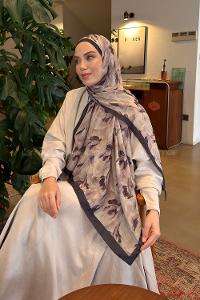 Lamelif Leaf Flower Desen Bambu Şal Koyu Bej Antrasit