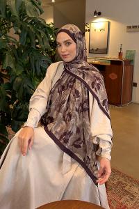 Lamelif Leaf Flower Desen Bambu Şal Küf Yeşili Mürdüm