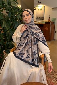 Lamelif Leaf Flower Desen Bambu Şal Lacivert