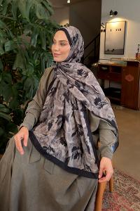 Lamelif Leaf Flower Desen Bambu Şal Siyah Vizon