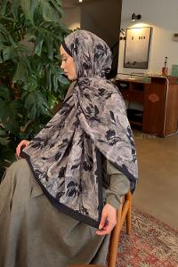 Lamelif Leaf Flower Desen Bambu Şal Siyah Vizon