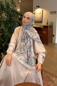 Lamelif Leaf Flower Desen Bambu Şal Taş Mavi