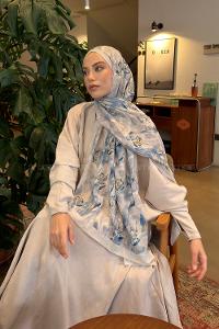 Lamelif Leaf Flower Desen Bambu Şal Taş Mavi