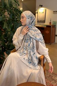 Lamelif Leaf Flower Desen Bambu Şal Taş Mavi