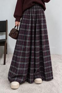 Lamelif Ekose Desenli Bol Paça Salaş Pantolon Bordo