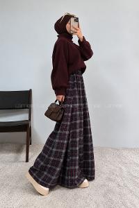 Lamelif Ekose Desenli Bol Paça Salaş Pantolon Bordo