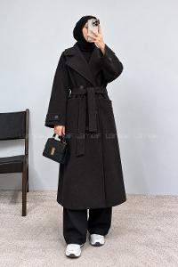 Lamelif Kruvaze Yaka Uzun Kaşe Kaban Siyah