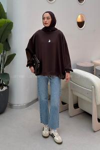 Lamelif Basic Kuş Detaylı Oversize Sweatshirt Kahverengi