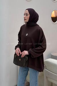 Lamelif Basic Kuş Detaylı Oversize Sweatshirt Kahverengi