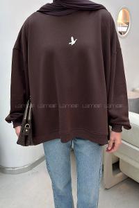Lamelif Basic Kuş Detaylı Oversize Sweatshirt Kahverengi
