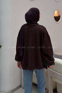 Lamelif Basic Kuş Detaylı Oversize Sweatshirt Kahverengi