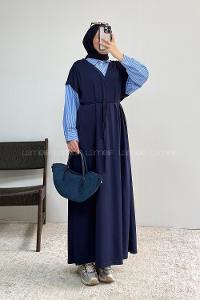 Lamelif Gömlek Garnili Uzun Elbise Lacivert