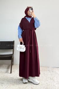 Lamelif Gömlek Garnili Uzun Elbise Mürdüm