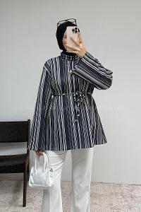 Lamelif İp Bağlamalı Çizgili Tunik Siyah