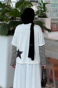 Lamelif Kolları Çizgili Ön Arka Baskı Detaylı Sweatshirt Acı Kahve