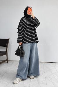 Lamelif Çizgili Oysho Sweat Siyah