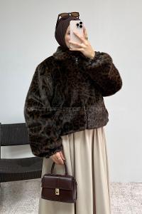 Lamelif Leopar Desenli Kürk Kahverengi