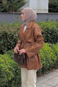 Lamelif Omuz Apoletli Deri Trençkot Kahverengi