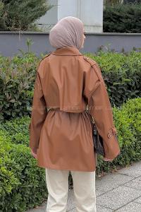 Lamelif Omuz Apoletli Deri Trençkot Kahverengi