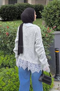Lamelif V Yaka Dantel Detaylı Triko Hırka Gri
