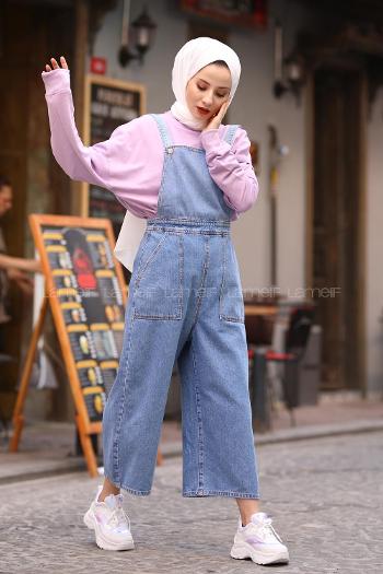 Blue Pool Neck Denim Unprinted Overalls
